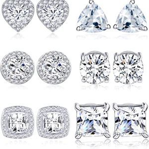 Tornito 6 Pairs Cubic Zirconia Round Square Teardrop Flower Halo Stud Earrings